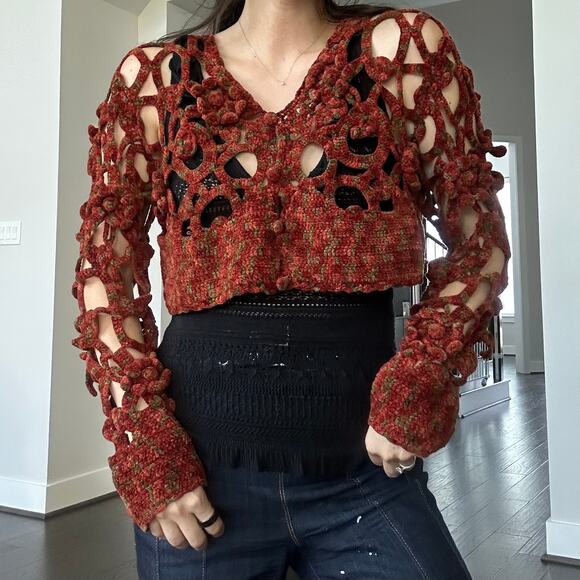 Nicole Floral Crochet Cropped Sweater Cardigan - Picture 1 of 10